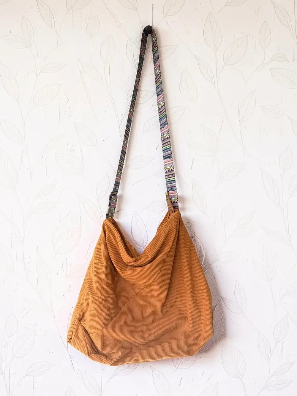 Brown Corduroy Hobo Bag Boho Multicolor Tribal Strap Slouchy Shoulder Purse